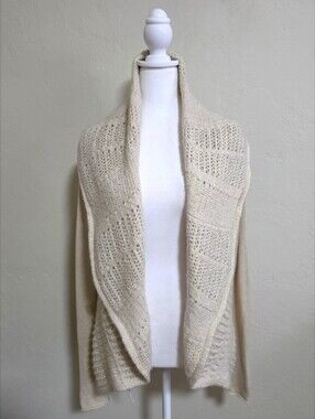 Lovestitch Cream Mixed Textured Knit Open-Front Draped Cardigan, L, Boho Coastal